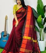 Red fancy cotton handloom saree with blouse piece for women