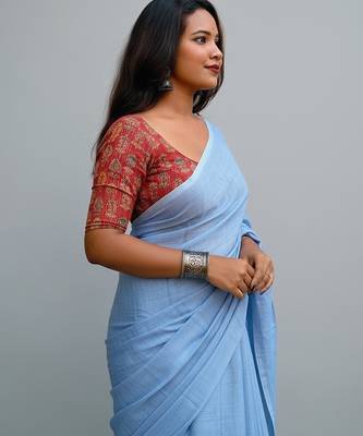 Sky fancy cotton handloom saree with blouse piece for women 3