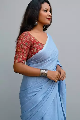 Sky fancy cotton handloom saree with blouse piece for women