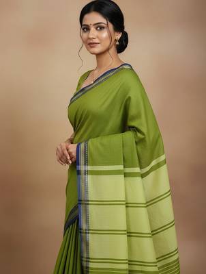 Pista fancy cotton handloom saree with blouse piece for women 4