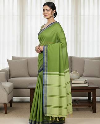 Pista fancy cotton handloom saree with blouse piece for women 5