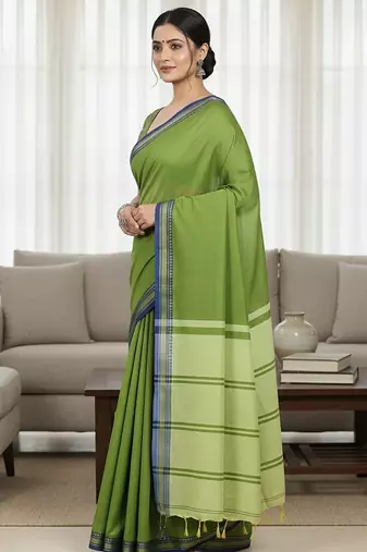 Pista fancy cotton handloom saree with blouse piece for women