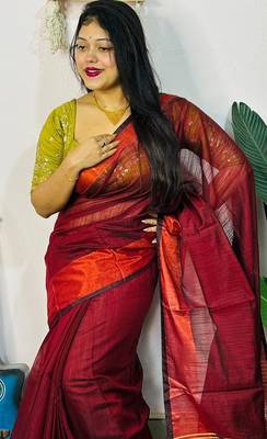 Red fancy cotton handloom saree with blouse piece for women 2
