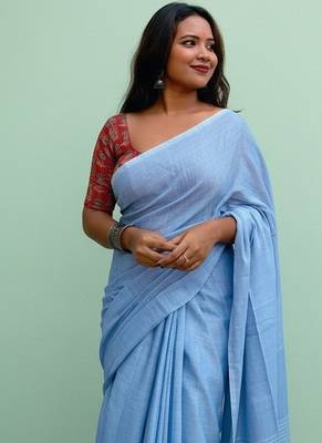 Sky fancy cotton handloom saree with blouse piece for women 4