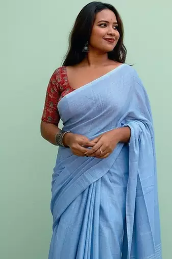 Sky fancy cotton handloom saree with blouse piece for women