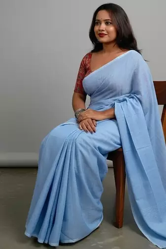 Sky fancy cotton handloom saree with blouse piece for women