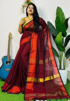 Red fancy cotton handloom saree with blouse piece for women 3