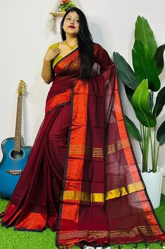 Red fancy cotton handloom saree with blouse piece for women