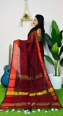 Red fancy cotton handloom saree with blouse piece for women 4