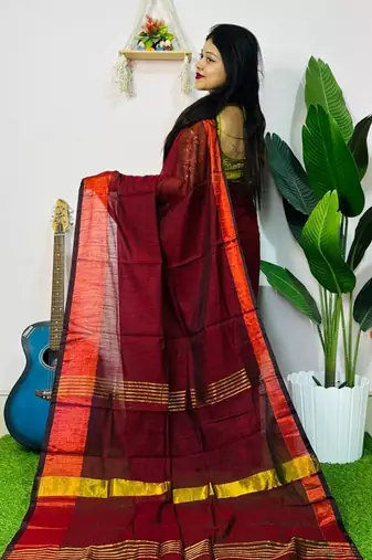 Red fancy cotton handloom saree with blouse piece for women