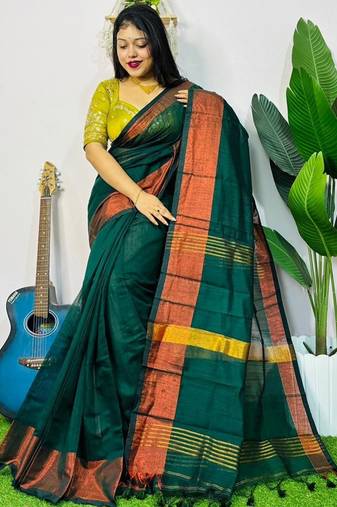 Teal Green fancy cotton handloom saree with blouse piece for women
