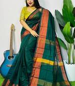 Teal Green fancy cotton handloom saree with blouse piece for women