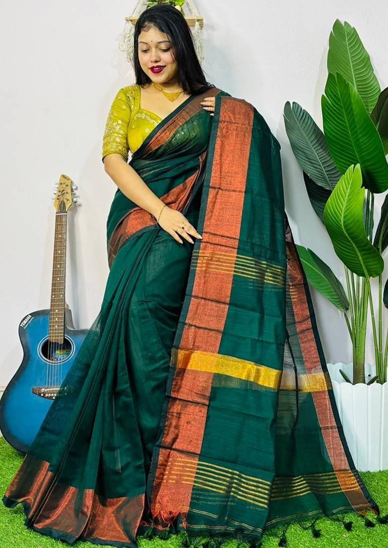 Teal Green fancy cotton handloom saree with blouse piece for women