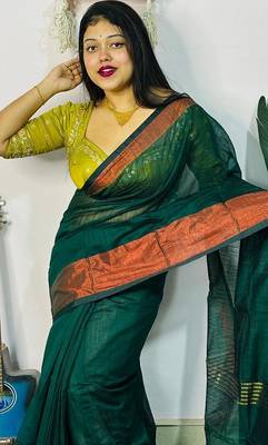 Teal Green fancy cotton handloom saree with blouse piece for women 2