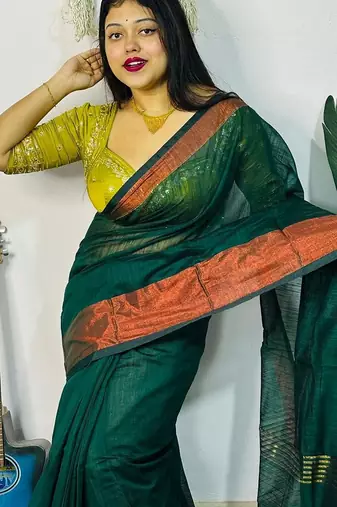 Teal Green fancy cotton handloom saree with blouse piece for women