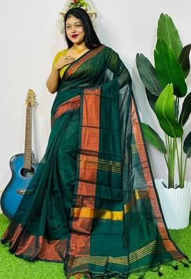 Teal Green fancy cotton handloom saree with blouse piece for women 3