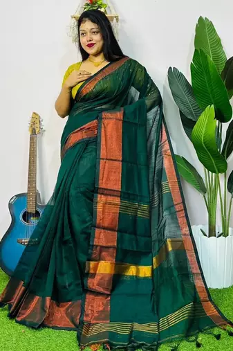 Teal Green fancy cotton handloom saree with blouse piece for women
