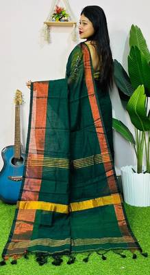 Teal Green fancy cotton handloom saree with blouse piece for women 4