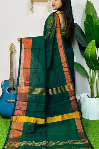 Teal Green fancy cotton handloom saree with blouse piece for women