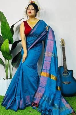 Blue fancy cotton handloom saree with blouse piece for women 1