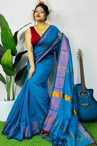 Blue fancy cotton handloom saree with blouse piece for women