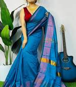 Blue fancy cotton handloom saree with blouse piece for women