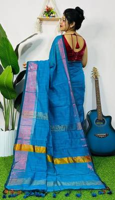 Blue fancy cotton handloom saree with blouse piece for women 2