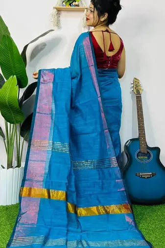 Blue fancy cotton handloom saree with blouse piece for women