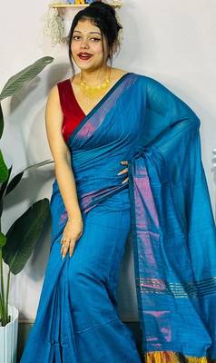Blue fancy cotton handloom saree with blouse piece for women 3