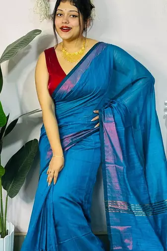 Blue fancy cotton handloom saree with blouse piece for women
