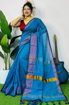 Blue fancy cotton handloom saree with blouse piece for women 4