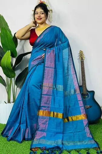 Blue fancy cotton handloom saree with blouse piece for women