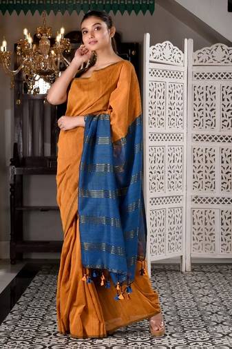 Orange & teal fancy cotton handloom saree with blouse piece for women
