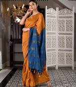 Orange & teal fancy cotton handloom saree with blouse piece for women