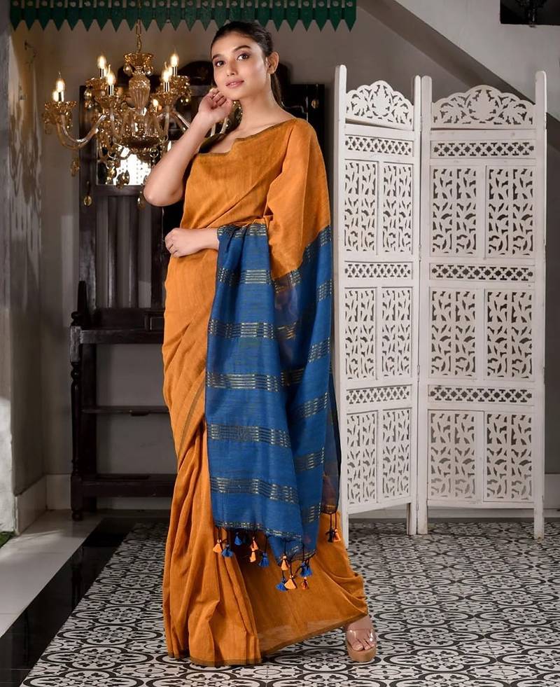 Orange & teal fancy cotton handloom saree with blouse piece for women