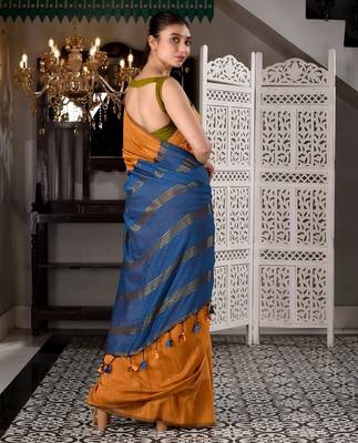 Orange & teal fancy cotton handloom saree with blouse piece for women 2
