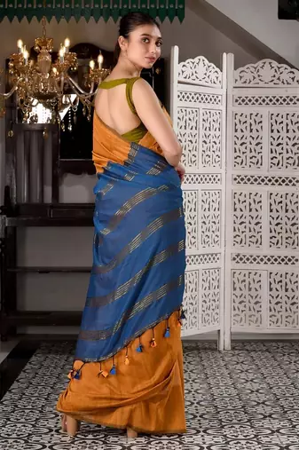 Orange & teal fancy cotton handloom saree with blouse piece for women