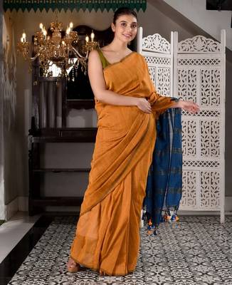 Orange & teal fancy cotton handloom saree with blouse piece for women 3