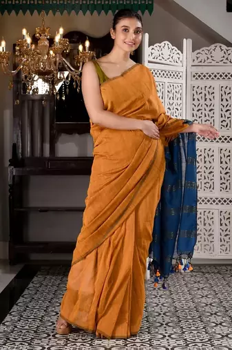 Orange & teal fancy cotton handloom saree with blouse piece for women