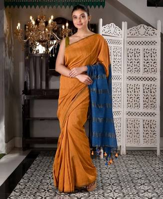 Orange & teal fancy cotton handloom saree with blouse piece for women 5