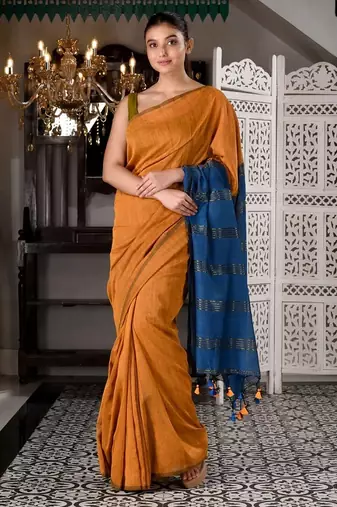 Orange & teal fancy cotton handloom saree with blouse piece for women