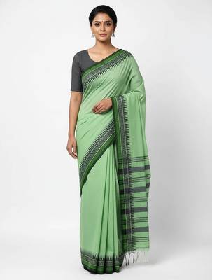 Green fancy cotton handloom saree with blouse piece for women 1