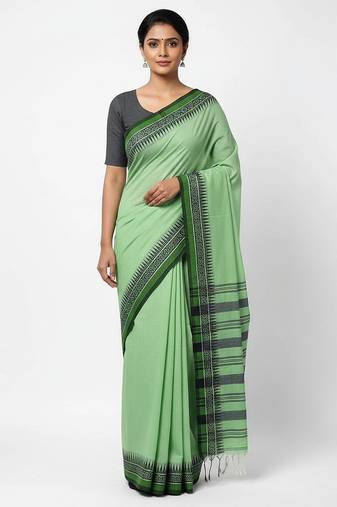 Green fancy cotton handloom saree with blouse piece for women