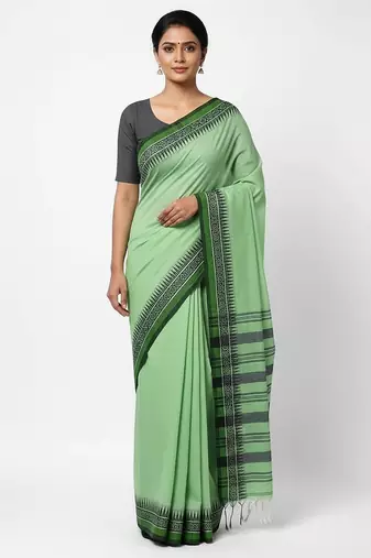 Green fancy cotton handloom saree with blouse piece for women