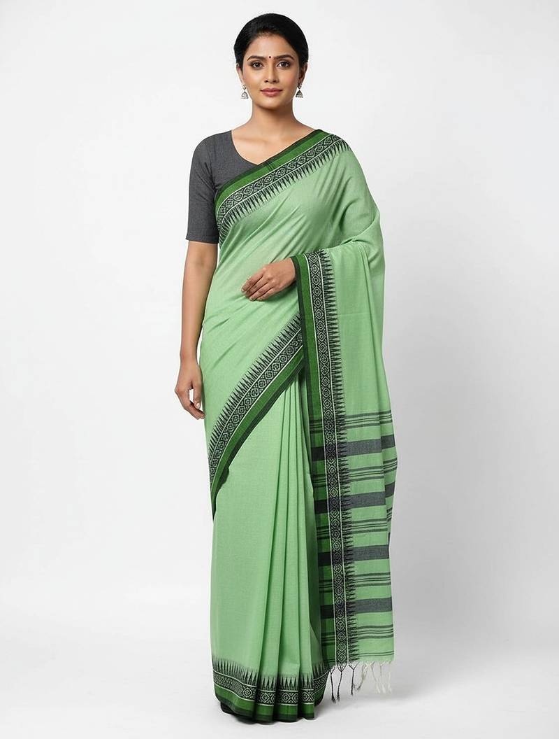 Green fancy cotton handloom saree with blouse piece for women
