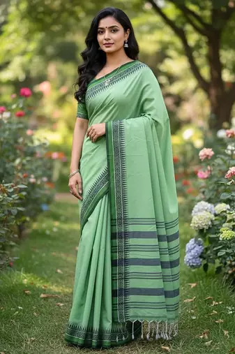 Green fancy cotton handloom saree with blouse piece for women