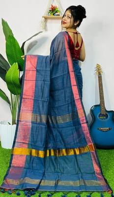 Blue fancy cotton handloom saree with blouse piece for women 2