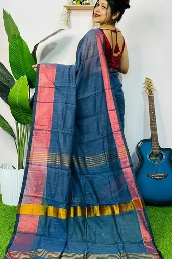 Blue fancy cotton handloom saree with blouse piece for women
