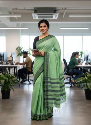Green fancy cotton handloom saree with blouse piece for women 3