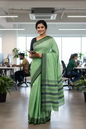 Green fancy cotton handloom saree with blouse piece for women